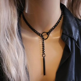 Gothic Necklace for Women Heart O-Ring Slip Chain Necklace Black Choker Necklaces Punk Rock Stainless Steel Cuban Long Chain Necklaces Adjustable Lariat Y-necklace, one size, Stainless Steel, No