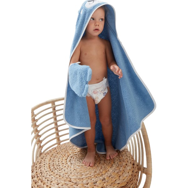 ClassyBaby - Toallas y paños de baño para bebé, oso azul, juego de toallas de bebé bordadas con animales, toalla de baño para bebé y guante de toalla para niños, toallas con capucha para bebé, toallas de bebé con capucha, 2 unidades