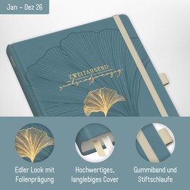 Häfft® Weekly Note Calendar 2026 A5 "Blue Ginkgo" Book Calendar, Planner Note Timer, Appointment Planner, Weekly Calendar, Organiser, Appointment Calendar with Pocket - Sustainable & Climate Friendly