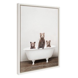 Kate and Laurel Sylvie Three Little Bears in Vintage Bathtub Framed Canvas Wall Art by Amy Peterson Art Studio, 18x24 White, Modern Fun Decorative Bathtub Wall Art for Home Décor