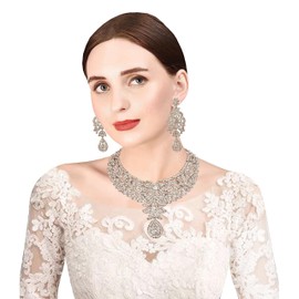 Touchstone New Hollywood Glamour Pretty Filigree Studded Diamond Look Rhinestone Exemplary Stylish Designer Bridal Jewelry Hasli Necklace Set for Women in Silver Tone