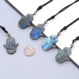 Natural Carved Labradorite Buddha's Hand 45mm Pendant Necklace for Unisex Crystal Stone Amulet Necklace with Adjustable Cord 18 to 28 inch