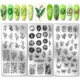 PH PandaHall 3pcs Blume Nagel Stamping Plates, Floral Schmetterling Nail Art Schablonen Pflanze Rose Nail Art Schablonen für Frauen Nageldesign Druck Maniküre Salon