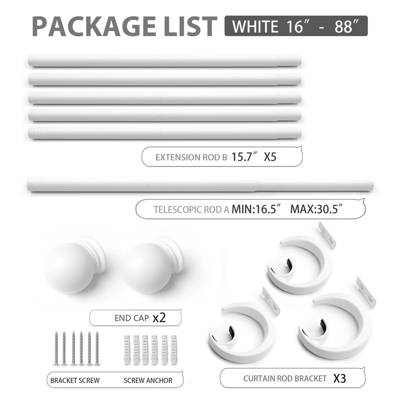 White Curtain Rods for Windows 16-88 inch, 1 inch Decorative