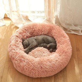 Calming Dog Cat Bed Anti-Anxiety Donut Cuddler Warming Cozy Soft Round Bed Washable Fluffy Faux Fur Plush Cushion Bed for Dogs and Cats Removable Pad (Leather Pink, 32 * 32IN - Below 75LB pet)