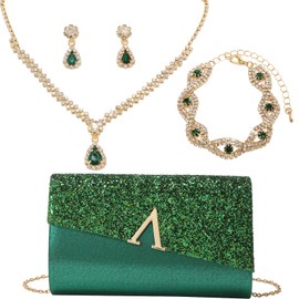 OUAYEMEL Glitter Evening Clutch Purse for Women Sparkly Shiny Handbag Ladies Wedding Prom Purse 4 Pieces Rhinestone Jewelry Set Green