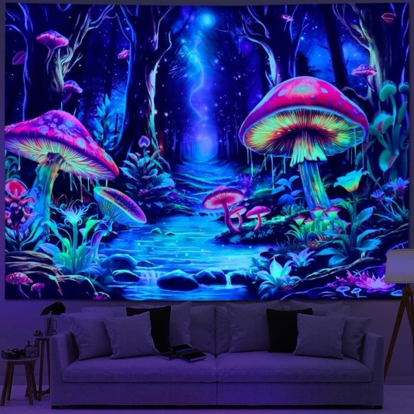 Yuiqear UV Reactive Blacklight Mushroom Tapestry Glow in Dark Fantasy