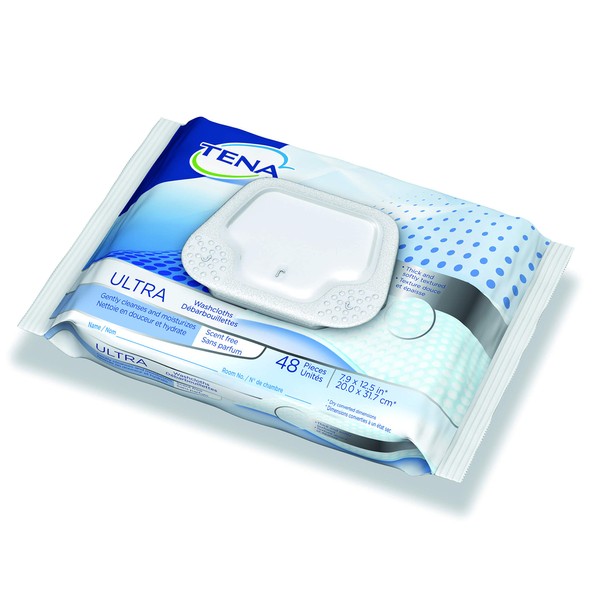 Tena Ultra Skin-Caring Washcloths, 8x12.5 in., Soft-Pack/48 wipes by TENA