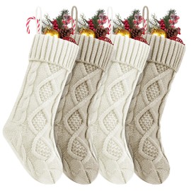 Fesciory Christmas Stockings, 4 Pack 18 Inches Cable Knitted Large Size Stocking Gifts & Decorations for Family Holiday Xmas Party (Khaki&White 18in)