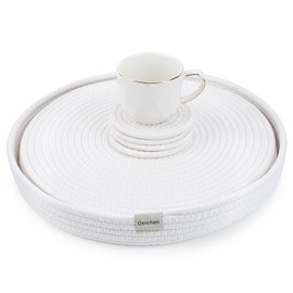 Woven Cotton Rope Round Placemats Set of 4 with Holder Included,13" Placemats&4.3" Coasters,White Round Table Mats -Natural Heat Resistant Place mats for Dinner Plates Table Decor