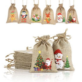 24 pcs Christmas Jute Burlap Bags, Small Christmas Party Linen Bags Xmas Drawstring Gift Treat Bag Snack Candy Pouch for Wedding Birthday Kids Party Favors
