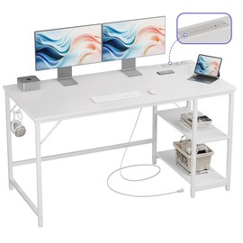 JOISCOPE 55 Inch Small Gaming Computer Desk with Table Power Outlets, Storage Shelves & USB & Type-C Outlet - Colour: White, Size: 55 inches