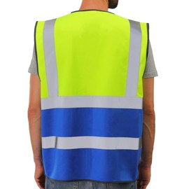 Dib Safety Reflective Vest High Visibility with Pockets and Zipper, Yellow and Blue S