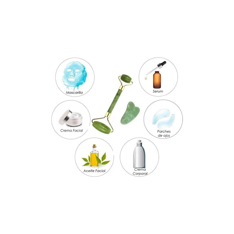 Set Rodillo Jade Y Piedra Gua Sha Jade Masajeadora Rostro