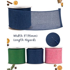 Tekdeere Burlap Ribbon 3 Inch x 10 Yard, Navy Wired Ribbon for Crafts, Gift Wrapping, Wreaths, Bows, Tree Decoration and Outdoor Decoration