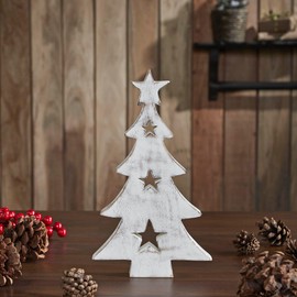 VHC Brands Christmas Tree w/Stars White Wooden Figurine 8x4.5x1