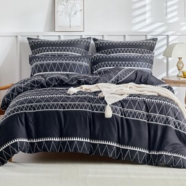 Lekesky King Size Duvet Cover Sets Black Duvet Cover Sets, Bohemian Stripes King Size Bedding Sets with Zipper Black King Size Duvet Cover 230x220 cm + 2 Pillowcases, Black Stripes
