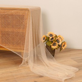 Quandjk 10 ft Beige Pearl Table Runner Tulle Fabric Lace Tablecloth Table Runners for Bridal Shower Birthday Party Wedding Arch Veil Dessert Table Decorations 29.5x120 Inches