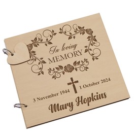 Engraved Wooden Memorial Funeral Remembrance Guest Book with Cross Design, 23 x 23 cm, 30 Pages