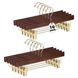 Quality Hangers Wooden Pants Hangers - 10-Pack Swivel Hook Cloth Hanger Set - Lotus Wood Skirt, Pant, Shorts and Slack Hangers with Adjustable Clip (Walnut - Gold Hook, 10)