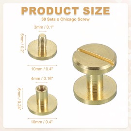 sourcing map 30 Sets Chicago Screw Rivets M4x6mm Metal Phillips Head Post Nail Rivet Stud Screws Connectors for DIY Leather Belt Bag Craft Bookbinding, Brass