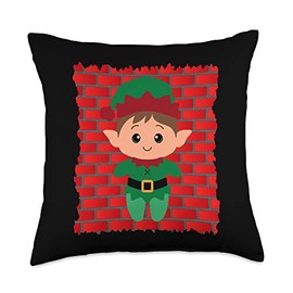 Christmas Fireplace Theme Xmas Party Gift Idea Cute Elf Red Brick Wall Background Christmas Holiday Party Throw Pillow, 18x18, Multicolor