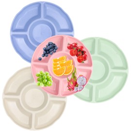 agctrler Pack of 4 Snack Plates with 5 Compartments, Stackable Fruit Plates, Plastic, Reusable Colourful Candy Plates, Dishwasher Safe Snack Bowl with Compartments, PP Plastic, for Home Party for Nut