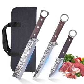 Xnarlath Camping Knife Boning Carving Knife with Bag 3Pis，High Carbon Steel Meat Cleaver for Meat Cutting Processing,Hand Forged Outdoor BBQ Butcher Chef Knife Set (3 Camping Knife)