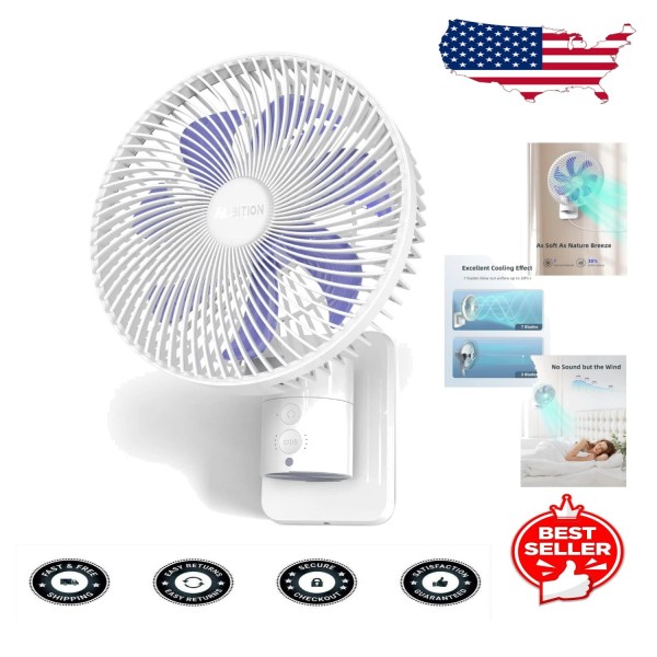 8" Wall Mount Fan with Remote, 90° Oscillation, and 4