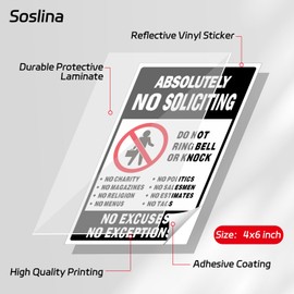Absolutely No Soliciting Sticker No Soliciting Sign for House Front Door,Reflective Vinyl UV Resistant,Soslina 4x6 Inch 3 Pack for Home/Gate/Office, 3-Year Fade Resistance Indoor Outdoor Use
