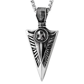 COOLSTEELANDBEYOND Mens Stainless Steel Arrowhead Pendant Necklace, Engraved Tribal Eagle, Nordic Viking Warrior Amulet