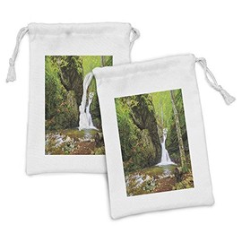 Ambesonne Waterfall Fabric Pouch Set of 2, Waterfall in Spring Season Like Winter in Bulgaria with Trees and Bushes, Small Drawstring Bag for Toiletries Masks and Favors, 9" x 6", Green and White