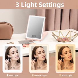 Bilitase Makeup Mirror,Foldable Plastic Bracket Mirror with 1X&3X Magnifying and 3 Color Setting Modes,Portable Travel wirror with Dimmable Touch Screen (Pink)