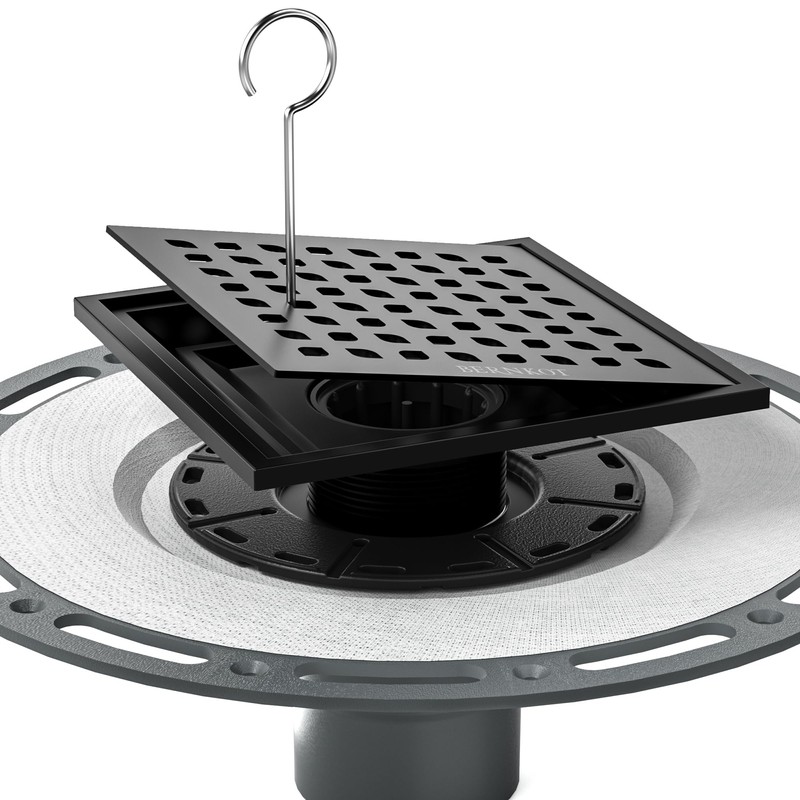 Bernkot Square Shower Drain, 6" Matte Black with PVC Bonding
