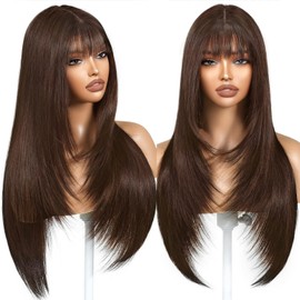 ZRLK Brown Wig with Bangs Long Brown Wig for Women Synthetic Heat-Resistant Hair Layered Style Hair for Daily and Party Use
