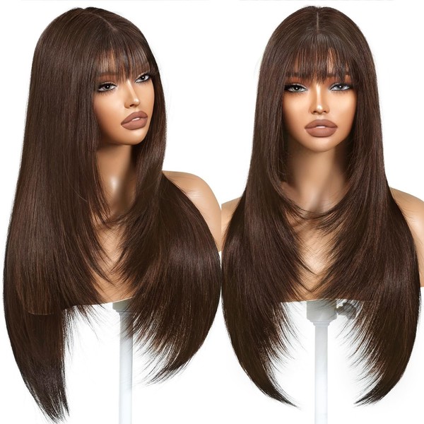 ZRLK Brown Wig with Bangs Long Brown Wig for Women