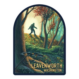 Die Cut Sticker Leavenworth, Washington, Wanderer, Bigfoot in Forest, Contour Vinyl Sticker 3 to 6 inches, (Waterproof Decal for Cars, Water Bottles, Laptops, Coolers), Large