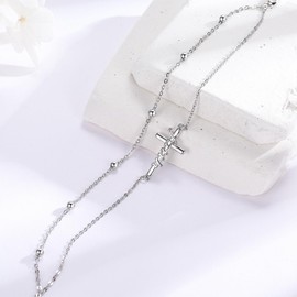 Midir&Etain Faith Cross Bracelet 925 Sterling Silver Rosary Layered Anklet Double Layer Religious Christian Jewelry Gifts for Women