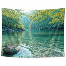 Xiaoput Nature Tapestry, Green Tree Forest Wall Hanging Tapestries Home Decor, Stream Through Rainforest Landscape Scenic Stone River Wall Art Tapestry for Bedroom Living Room 60X40IN
