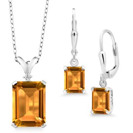 Gem Stone King Emerald Cut 14X10MM and 8X6MM Gemstone Birthstone and Diamond Pendant and Earrings Jewelry Set For Women | 925 Sterling Silver | With 18 Inch Silver Chain