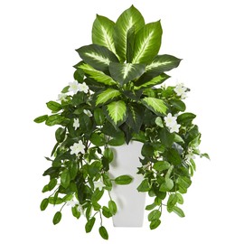 Nearly Natural Stephanotis and Dieffenbachia Artificial White Vase Silk Plants, Green