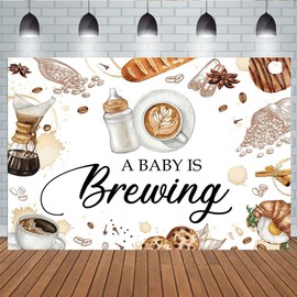 Aperturee 7x5ft Baby Shower Decoration Backdrop 'A Baby is Brewing' Banner Bottle Coffee Beans Croissant Multicolored Vinyl