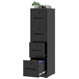 VIYET File Cabinet 4 Drawer with Lock, Vertical Filing Cabinets for Home Office, Metal Steel Storage Cabinet for Letter/Legal Size File, Assembly Required(Black)