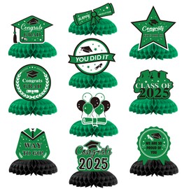 Graduation Decorations 2025, 10 PCS Green and White Graduation Honeycomb Centerpieces for Tables Decor Cap Toppers Party Favors Supplies Gifts Photo Props Signs Class of 2025 Congrats Grad Backdrop