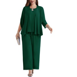 Hanna Nikole Women's Large Sizes Chiffon Evening Suit Sets Cocktail Party Festive Elegant 3-Piece Set Shirt and High Waist Trouser Suit, dark green