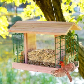 Ltwil Wooden Bird Feeders for Outdoor Hanging, Large Capacity Handmade Wildbird Feeder for Outside Yard Patio Hanging with Double Suet Holder Cages, Waterproof and Durable, Pink
