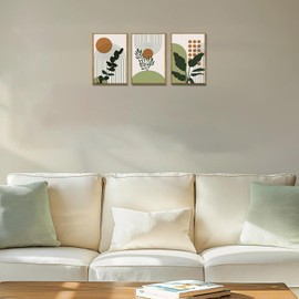 Bwodke Boho Wall Art, Framed Abstract Wall Art, Botanical Canvas Wall Decor, Mid Century Plant Leaf Geometric Pictures Set of 3, Minimalist Paintings, for Bedroom Living Room Bathroom 12"x16"