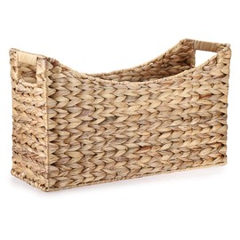 BTSKY Woven Magazine Holder, Water Hyacinth Magazine Basket, Natural Storage Basket Bin for Books & Files, Bathroom Magazine Rack with Built-in-Handle for Home, Office & Desk - 17x6.5x9.8 Inch