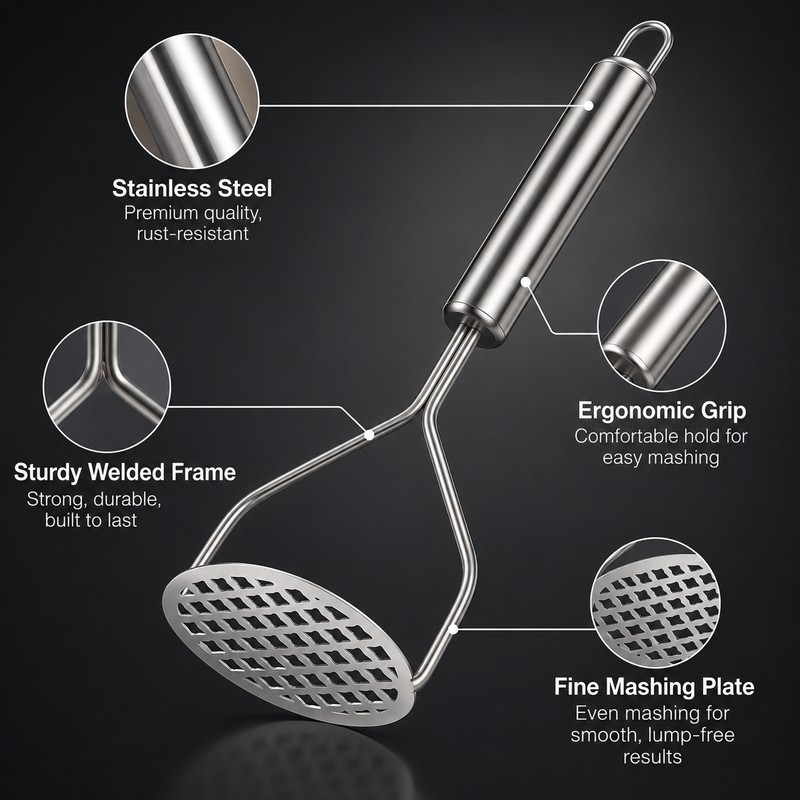 Stainless Steel Potato Masher for Smooth Purees – Ergonomic Hand