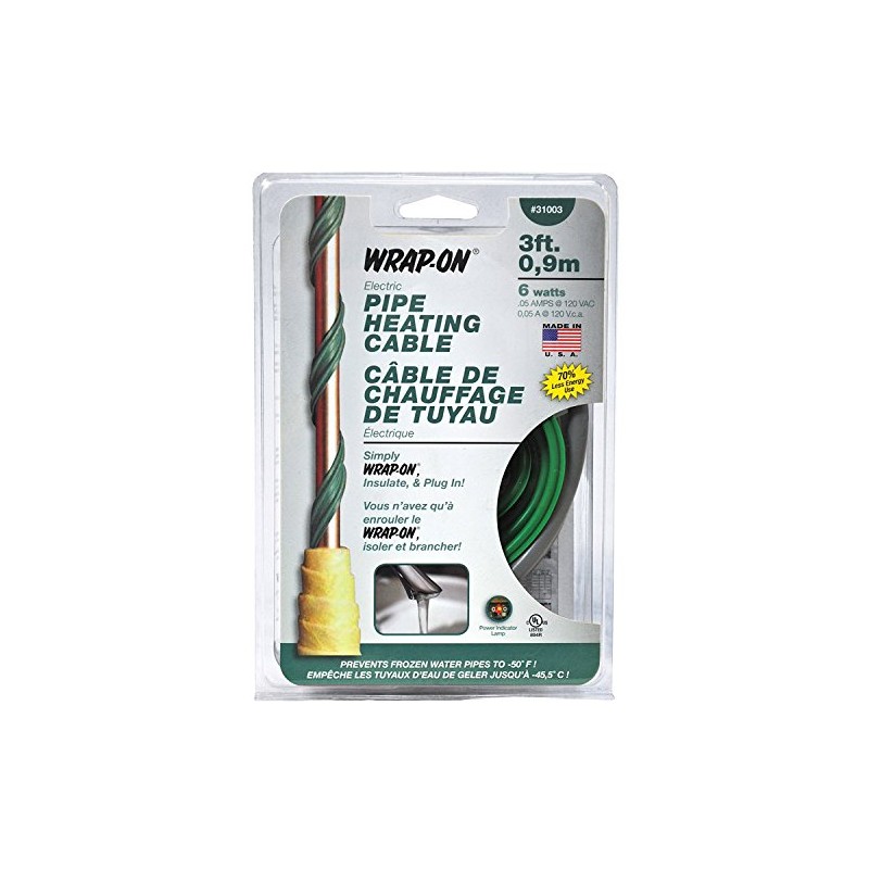 Wrap-On Pipe Heating Cable - 3-Feet, 120 Volt, Built-in Thermostat,